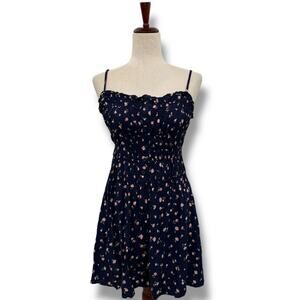 NEW Hippie Rose Blue Dress Size Medium Mini Pink Floral Print Ruched Smocked